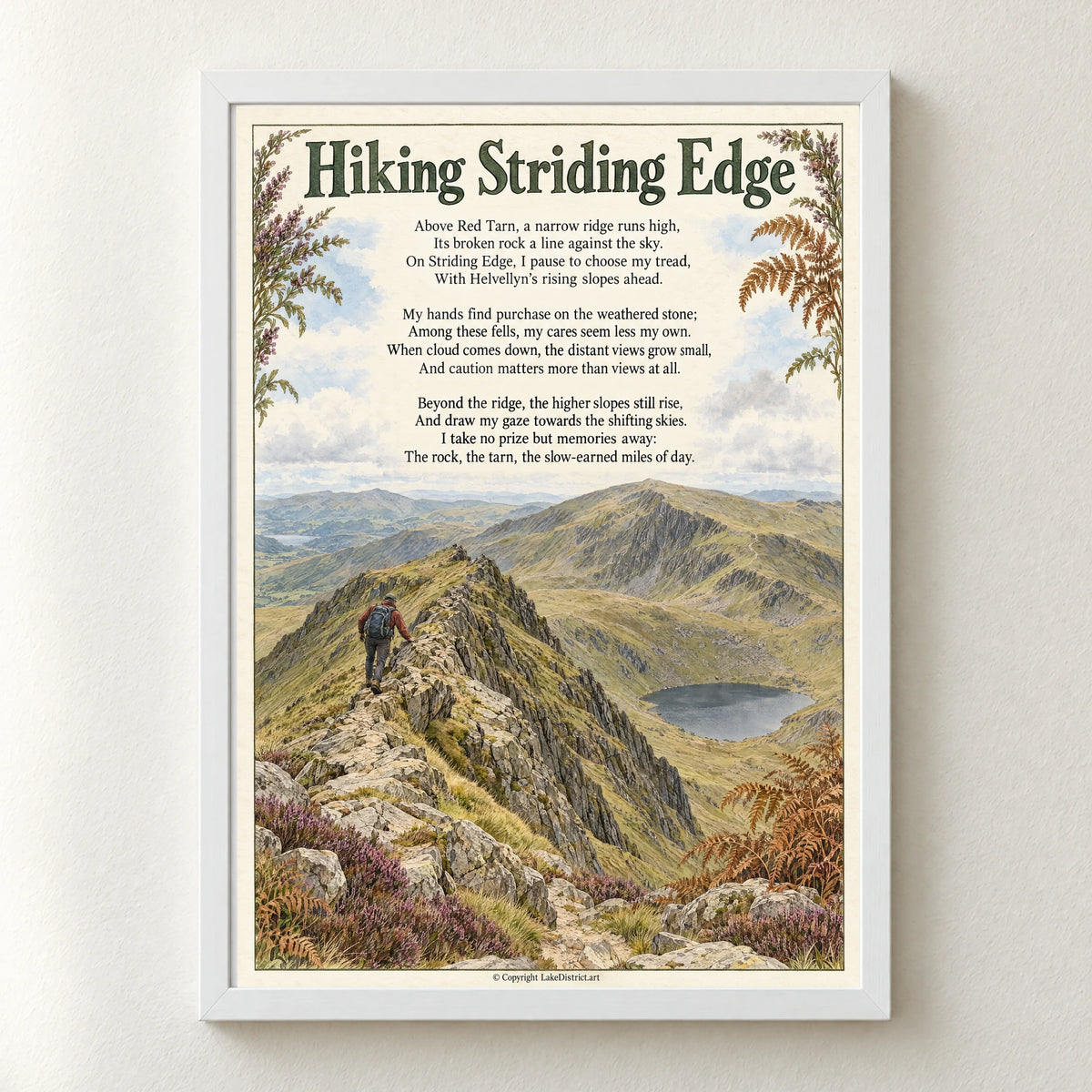 Hiking Striding Edge poem print in a white frame