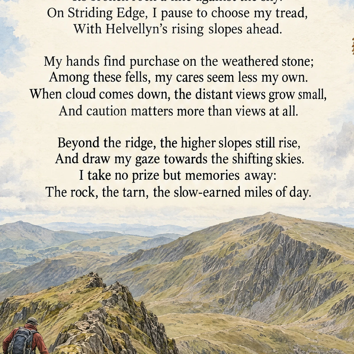 Hiking Striding Edge poem print close-up: the lettering of the poem