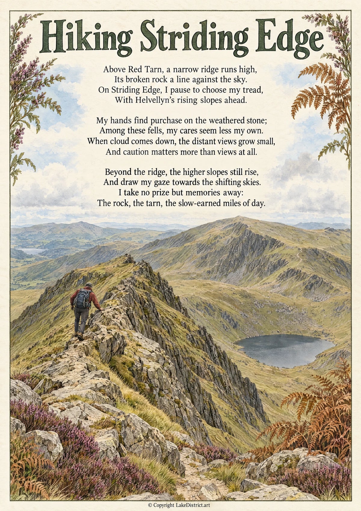 Hiking Striding Edge, an illustrated Lake District poem print
