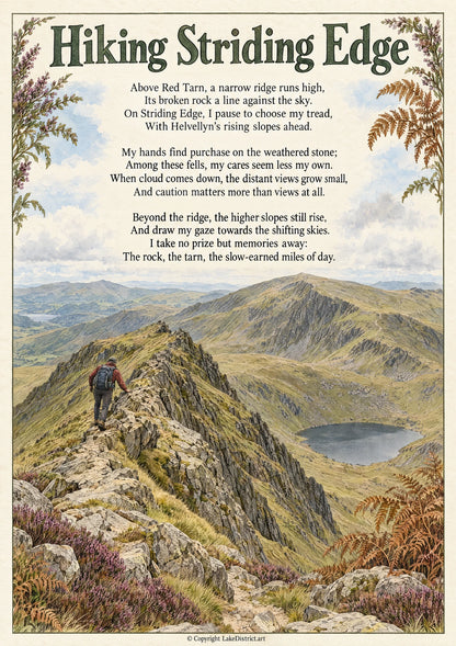 Hiking Striding Edge, an illustrated Lake District poem print