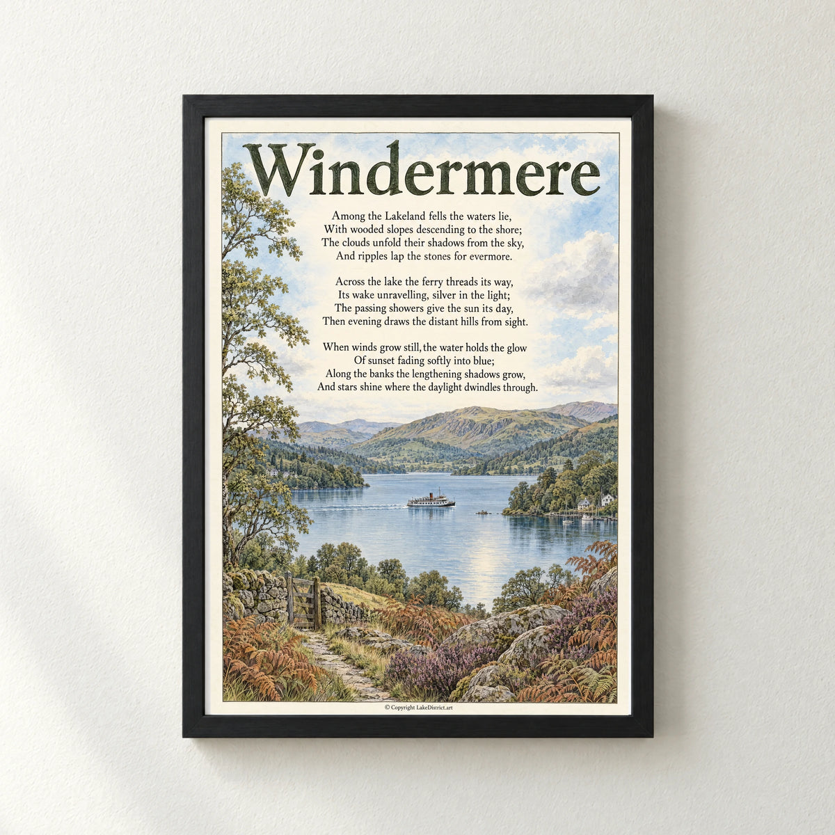 Windermere poem print in a black frame