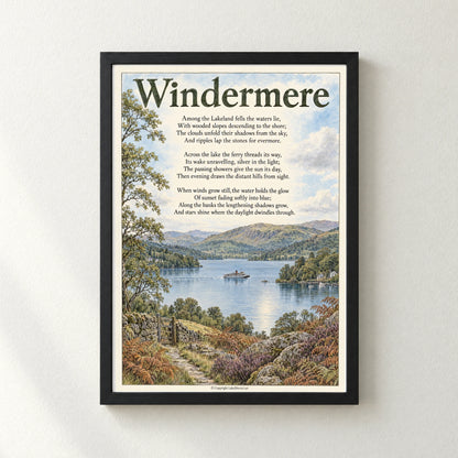 Windermere poem print in a black frame