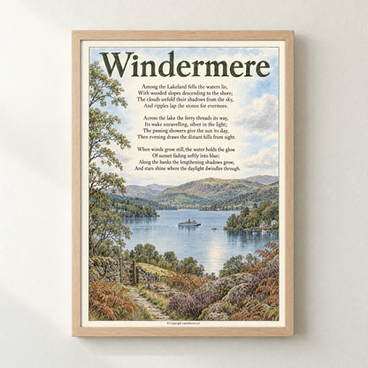 Windermere poem print in a natural frame
