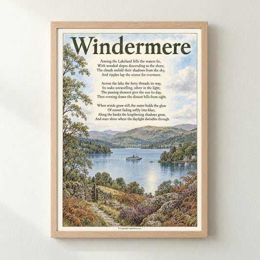 Windermere poem print in a natural frame
