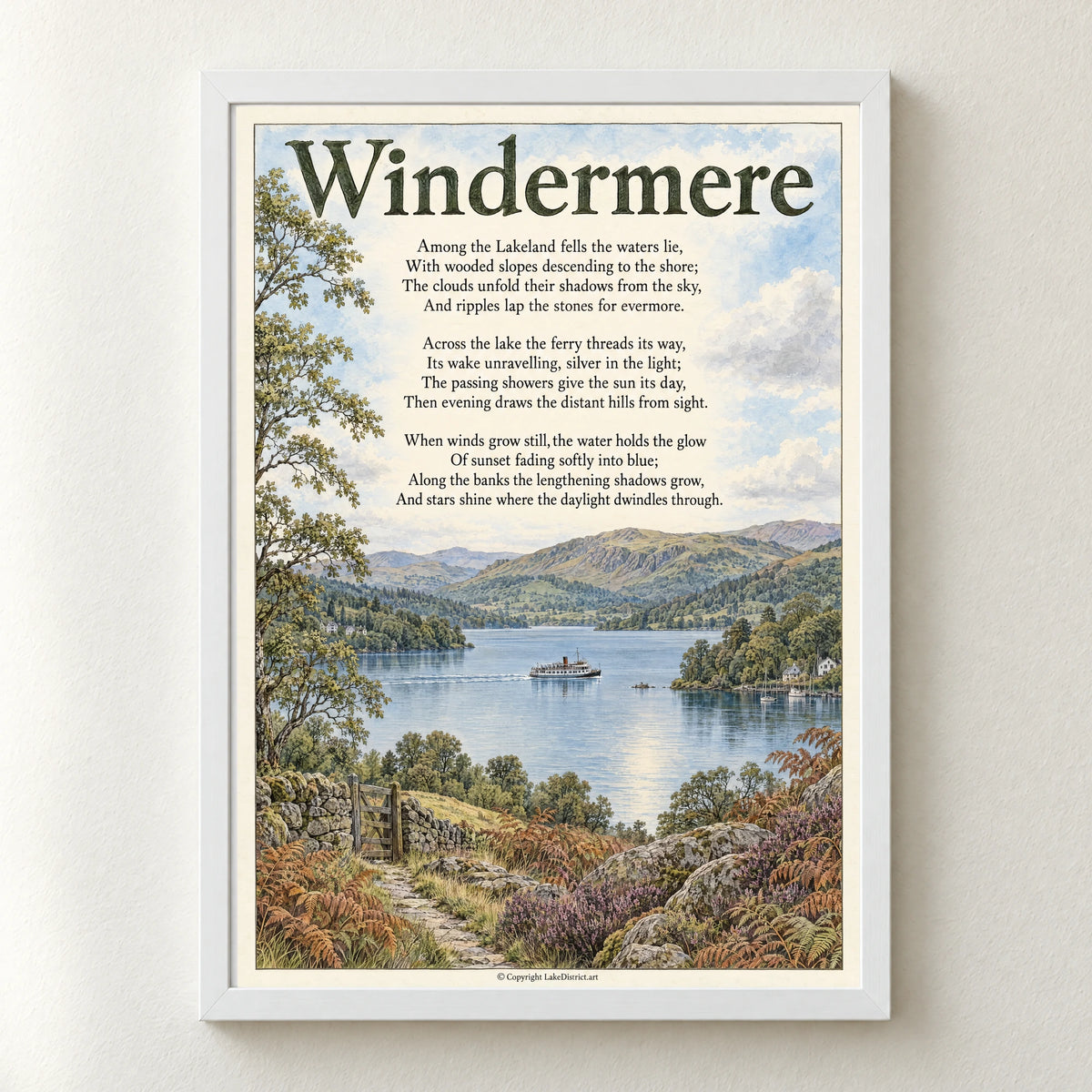 Windermere poem print in a white frame