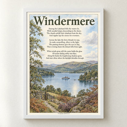 Windermere poem print in a white frame
