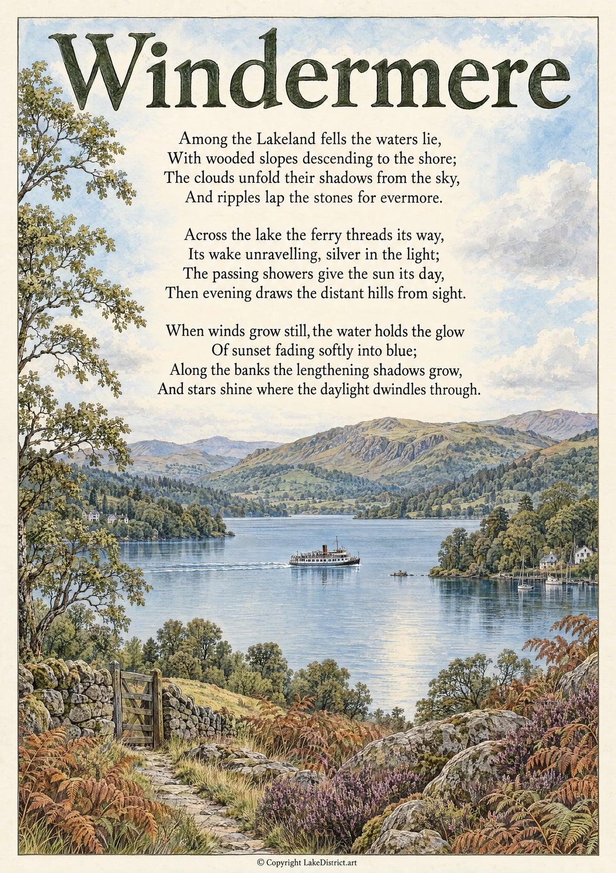 Windermere, an illustrated Lake District poem print