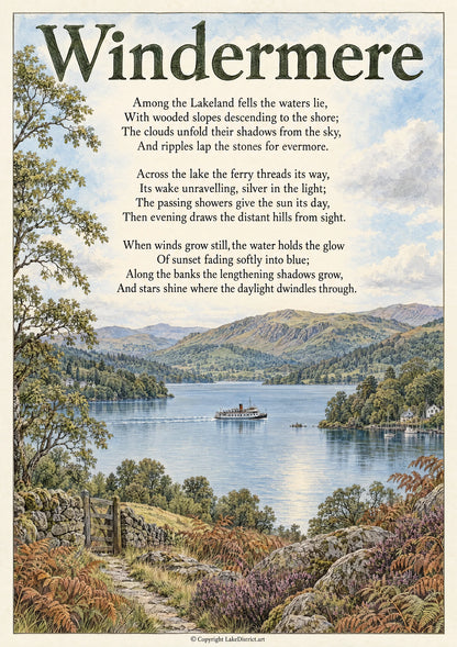Windermere, an illustrated Lake District poem print