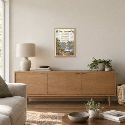 Buttermere poem print at A3 size, in a natural frame, hanging in a living room