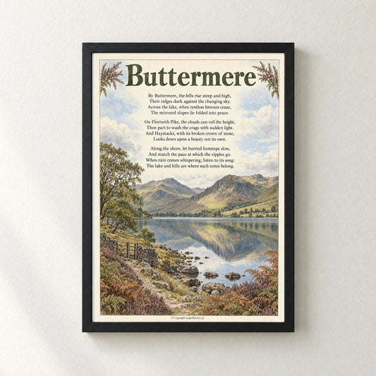 Buttermere poem print in a black frame