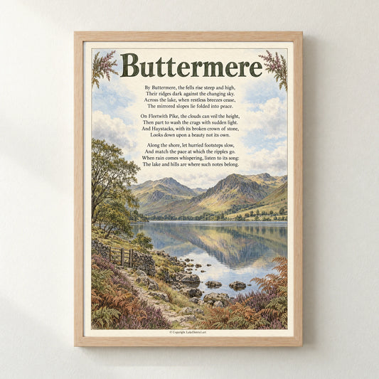 Buttermere poem print in a natural frame