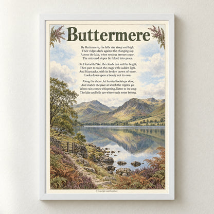Buttermere poem print in a white frame