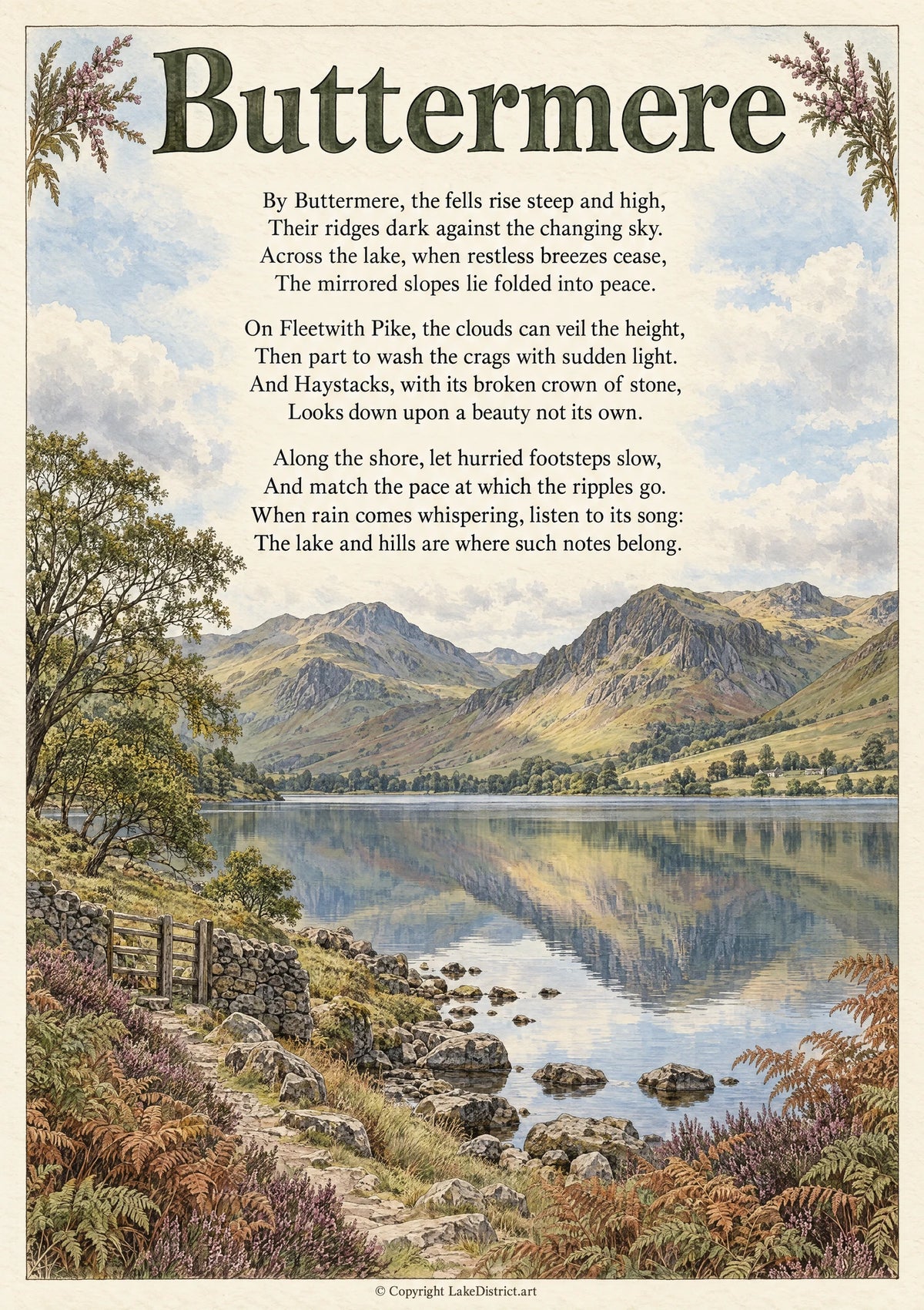 Buttermere, an illustrated Lake District poem print