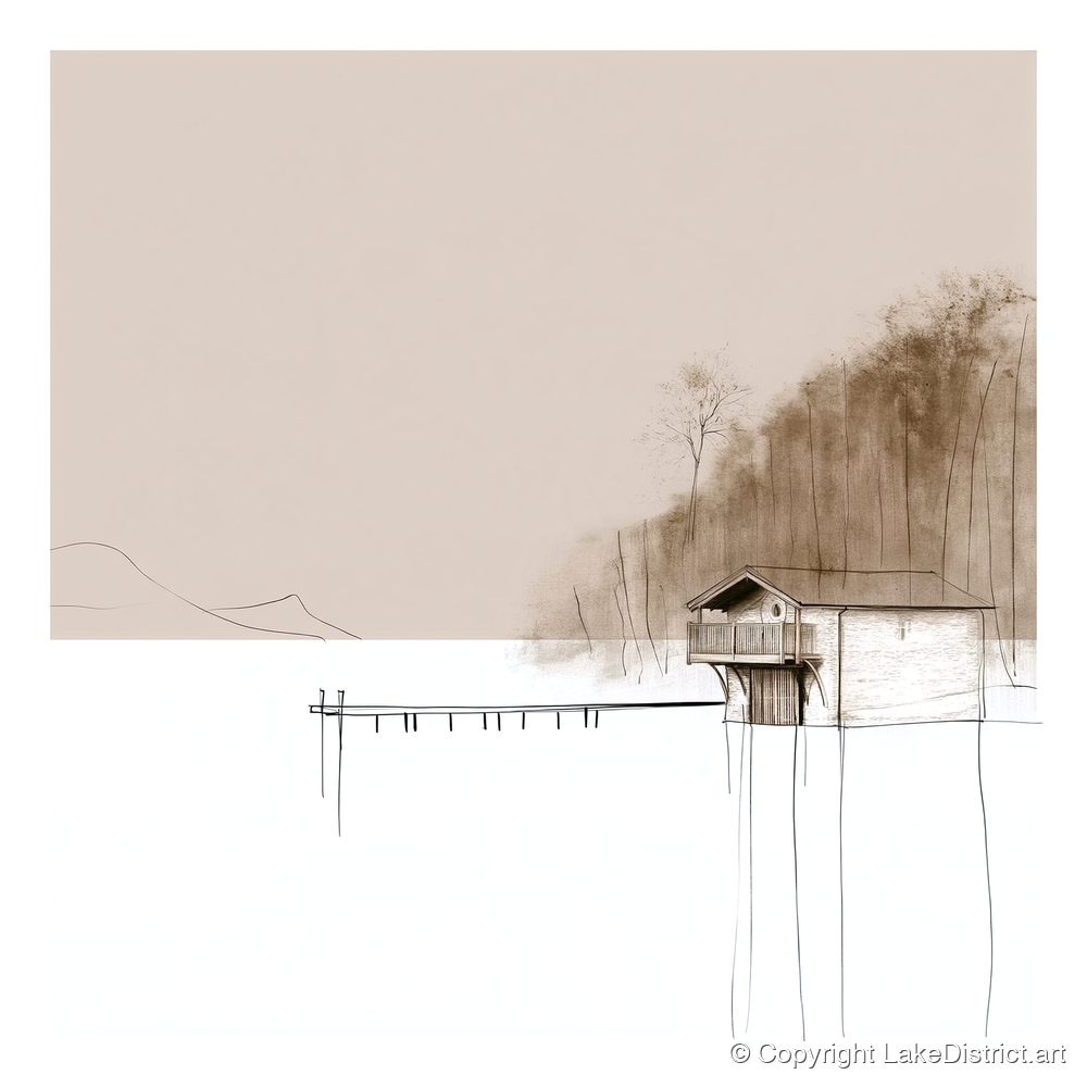 Pooley Bridge Boathouse in Taupe - lake district village art print and canvas by Ellis Calder A.I