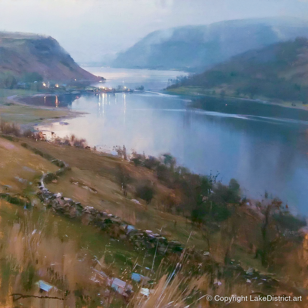 Pooley Bridge Twilight Over Ullswater - lake district village art print and canvas by Marcus Dalton A.I