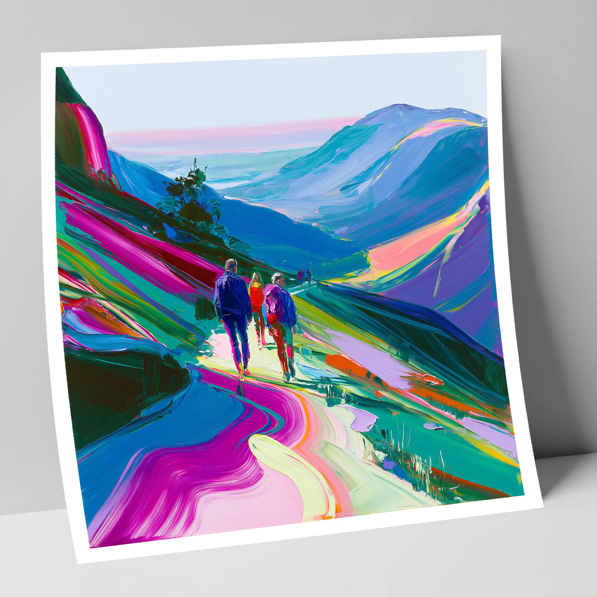 Vivid Walkers on a Mountain Path lake district walking art print
