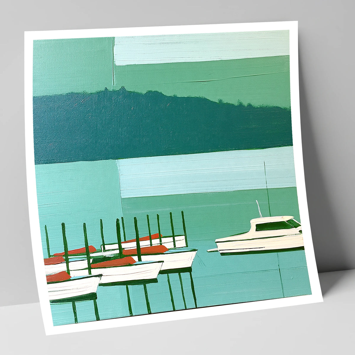 Moored Boats on a Teal Windermere lake district lake art print