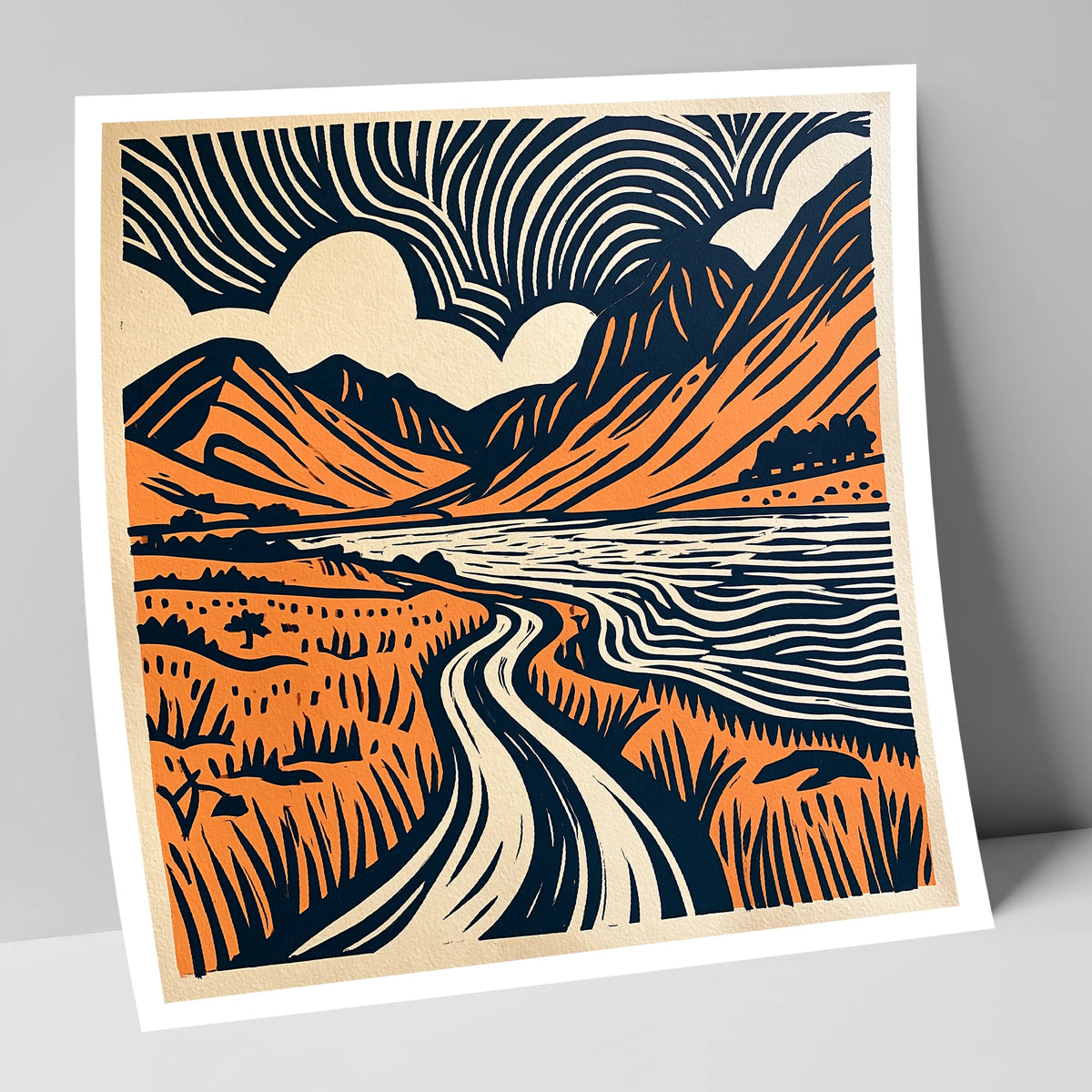 Ennerdale in Navy and Terracotta lake district valley art print