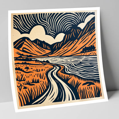 Ennerdale in Navy and Terracotta lake district valley art print