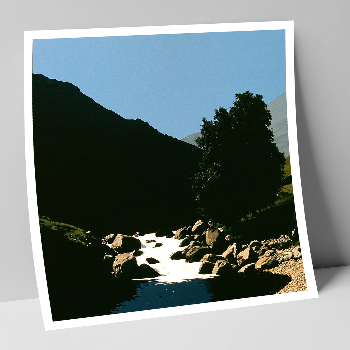 Sunlit Beck Beneath Dark Fell lake district waterfall art print