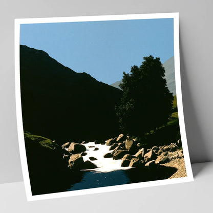 Sunlit Beck Beneath Dark Fell lake district waterfall art print