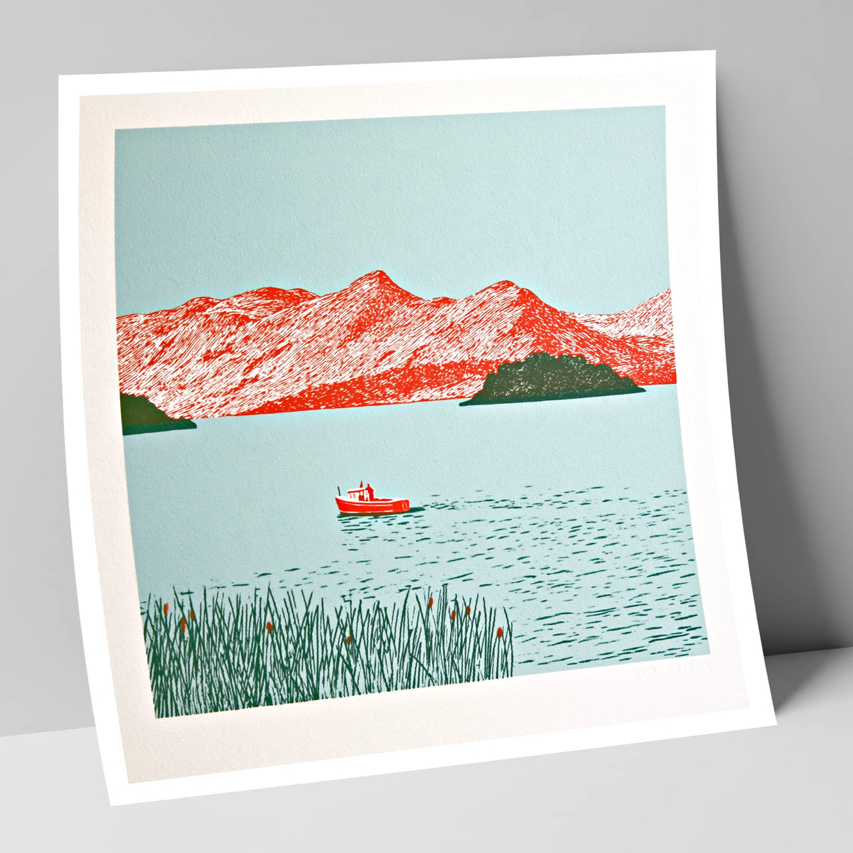Derwentwater Fells in Vivid Red lake district lake art print