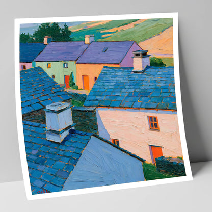 Colourful Slate Roofed Village Cottages lake district village art print