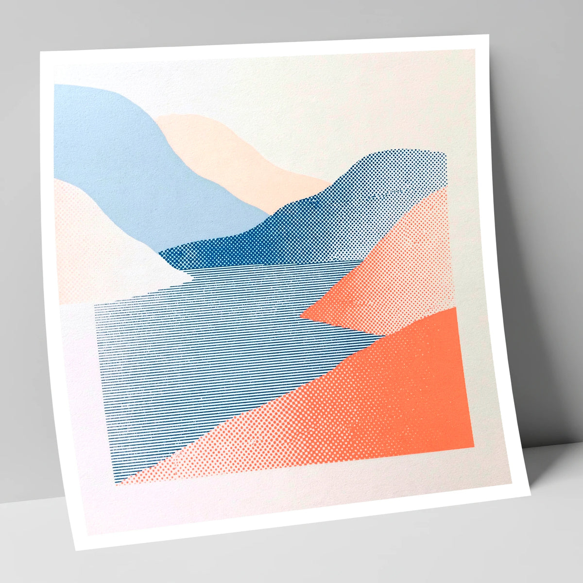 Graphic Coral and Blue Fells lake district lake art print