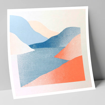 Graphic Coral and Blue Fells lake district lake art print