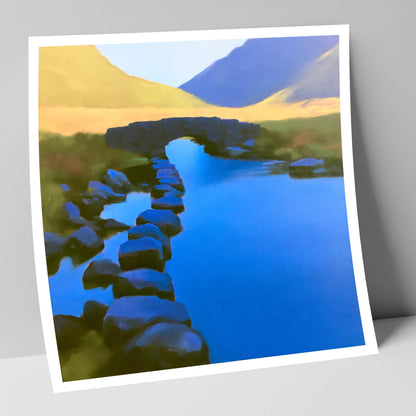Vibrant Blue Stream and Bridge lake district waterfall art print