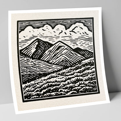 Monochrome Rolling Fells Under Cloud lake district fell art print