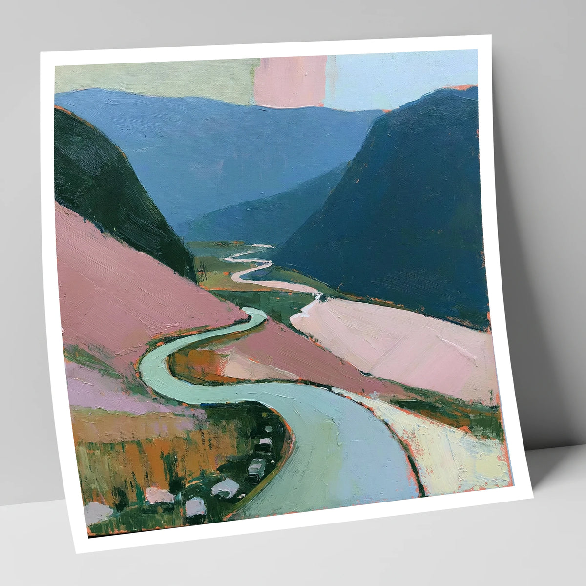 Mountain Pass in Blush and Teal lake district valley art print