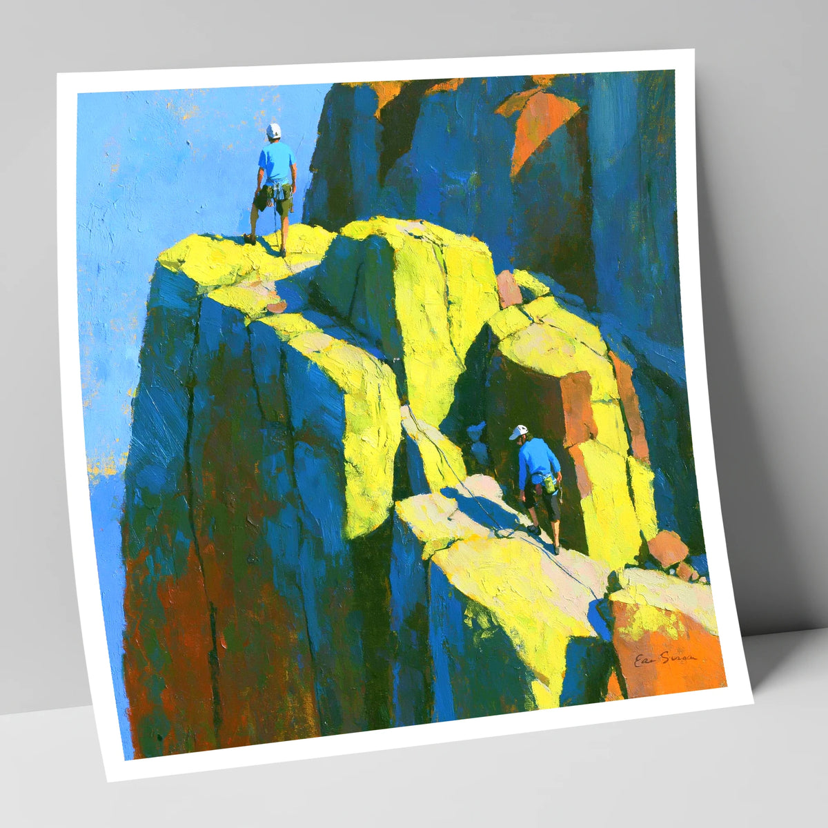 Mountaineers on a Sunlit Crag Pinnacle lake district walking art print