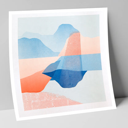 Abstract Grasmere in Coral and Cerulean lake district lake art print
