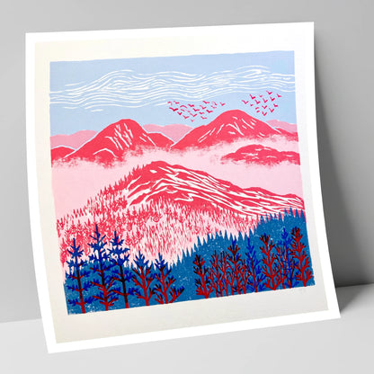 Red Misty Mountain Ridge lake district fell art print