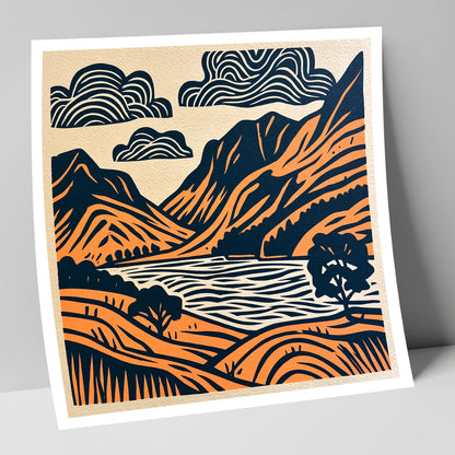 Buttermere Valley in Navy and Terracotta lake district lake art print
