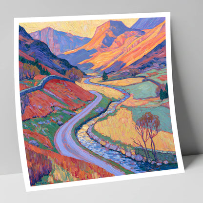 Winding Valley River in Radiant Amber lake district waterfall art print