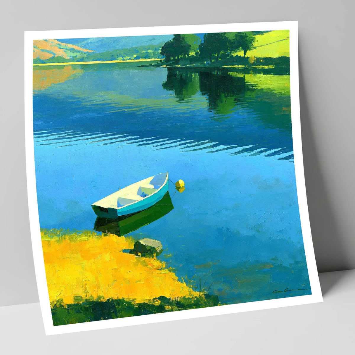 Blue Rowing Boat on Luminous Water lake district lake art print