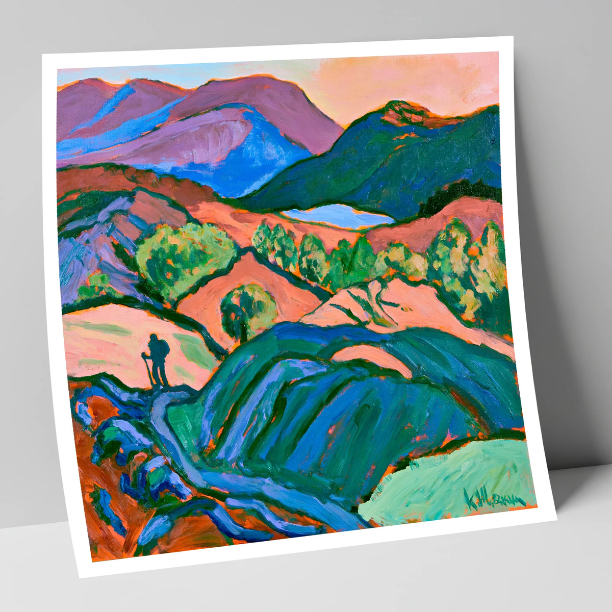 Hiker Silhouette in Vibrant Fells lake district walking art print