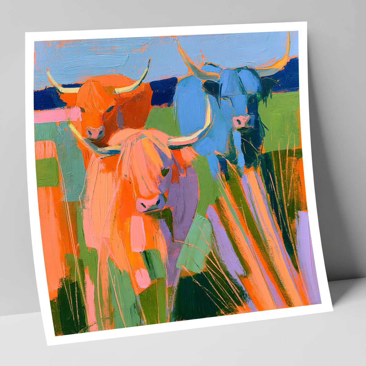 Vibrant Highland Cattle Trio lake district wildlife art print