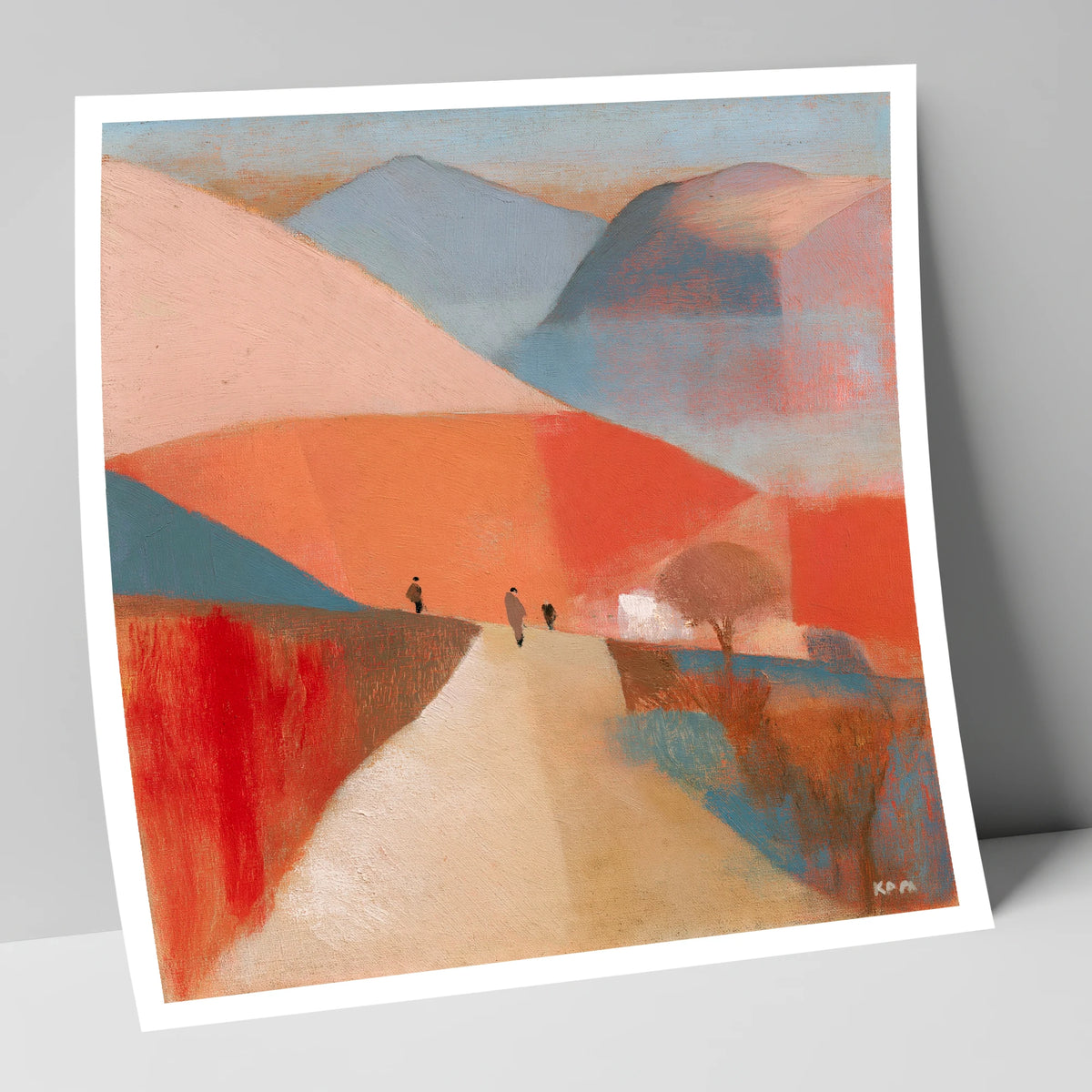 Walkers on a Coral Mountain Path lake district walking art print