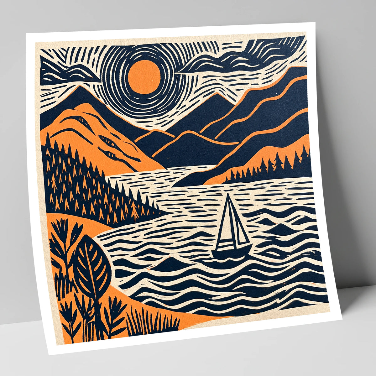 Windermere Sailboat Beneath Radiating Sun lake district lake art print