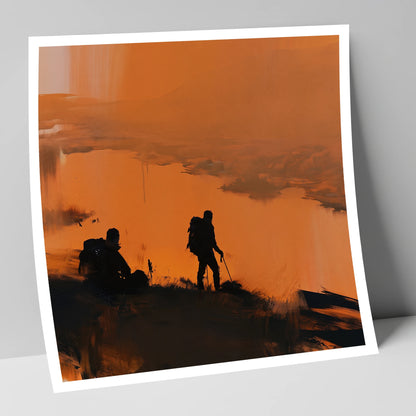 Catbells Walkers in Amber Light lake district fell art print