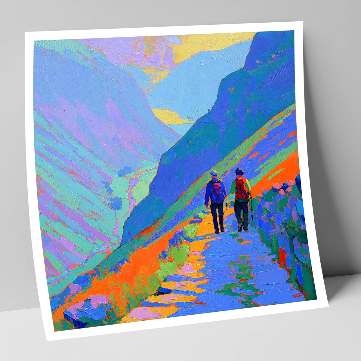 Walkers on a Colourful Mountain Path lake district walking art print
