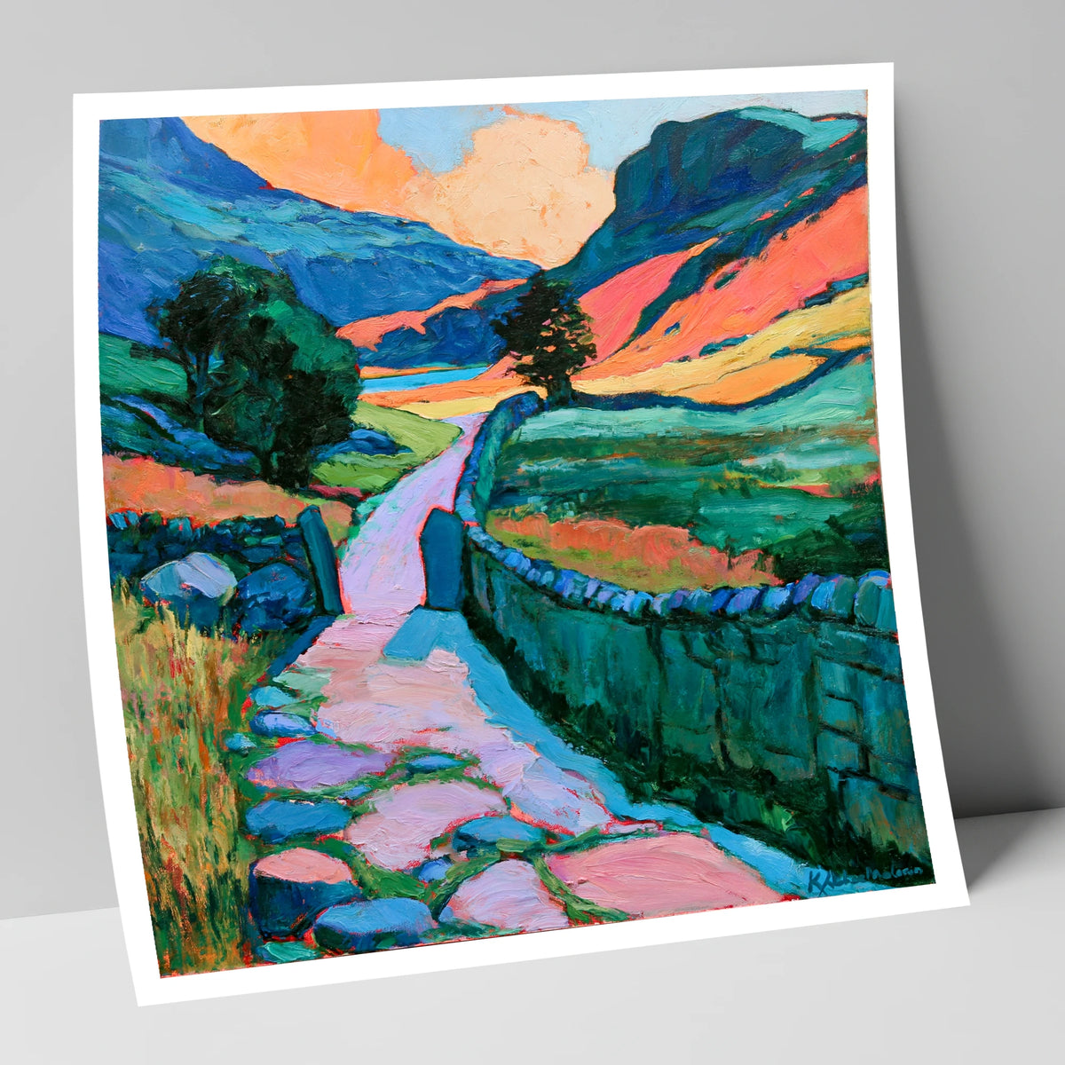 Vibrant Valley Path and Drystone Wall lake district valley art print
