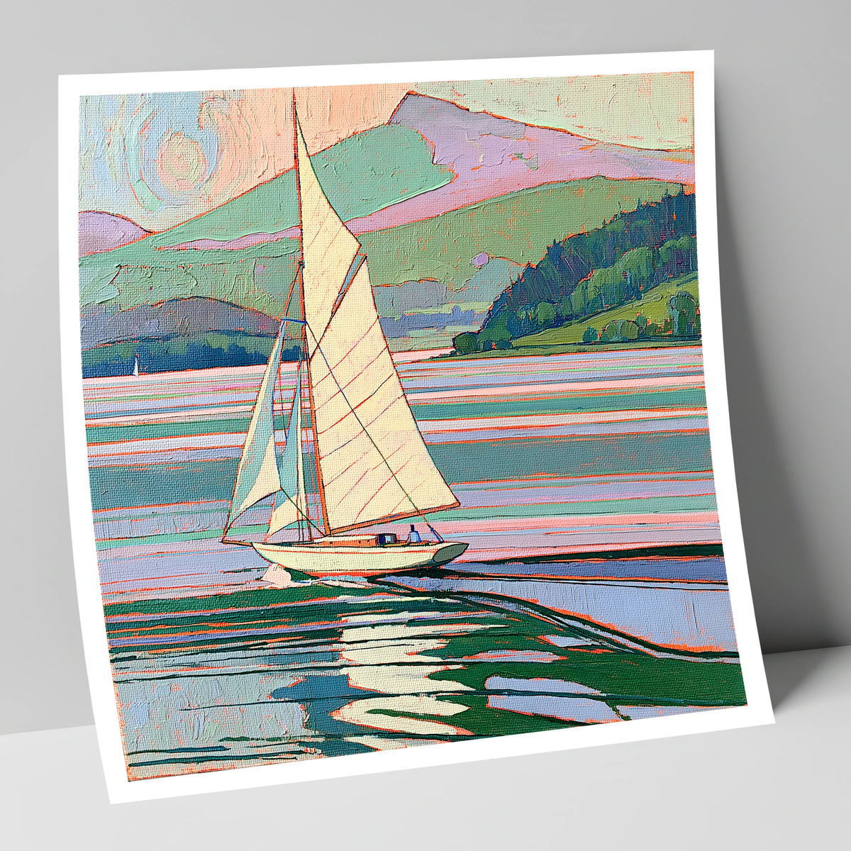 Sailboat on a Pastel Lake lake district walking art print