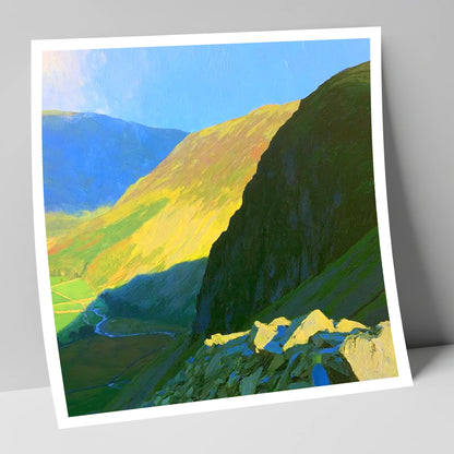 Sunlit Tarn Crag and Valley lake district fell art print