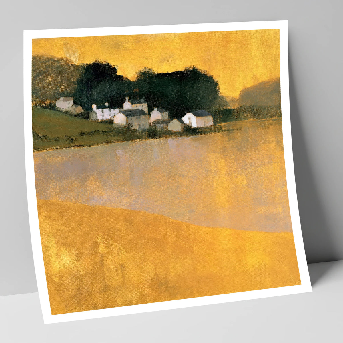 Lakeside Village in Golden Ochre lake district village art print