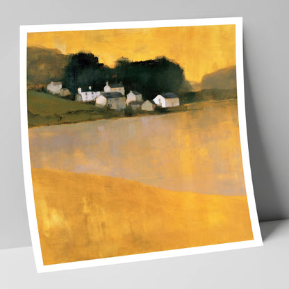 Lakeside Village in Golden Ochre lake district village art print