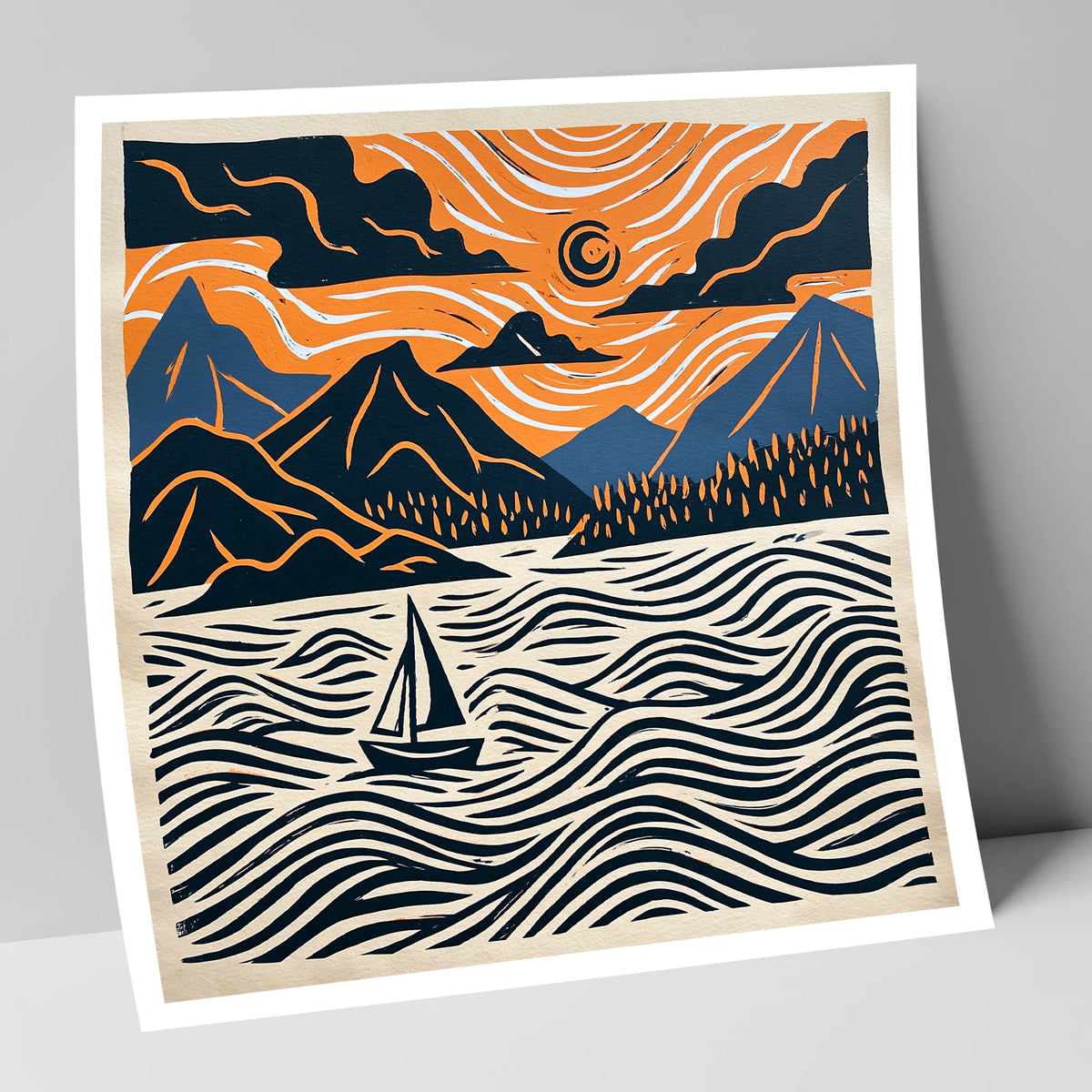 Derwentwater Sailboat Beneath Swirling Skies lake district lake art print